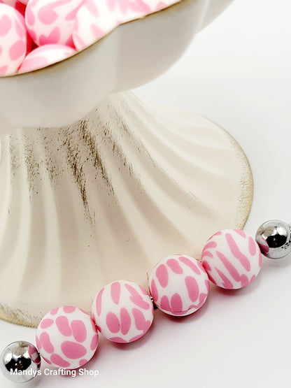 15mm Printed Pink Cow Print Silicone Bead – Pink Round Spacer Beads for Pens & Wristlets
