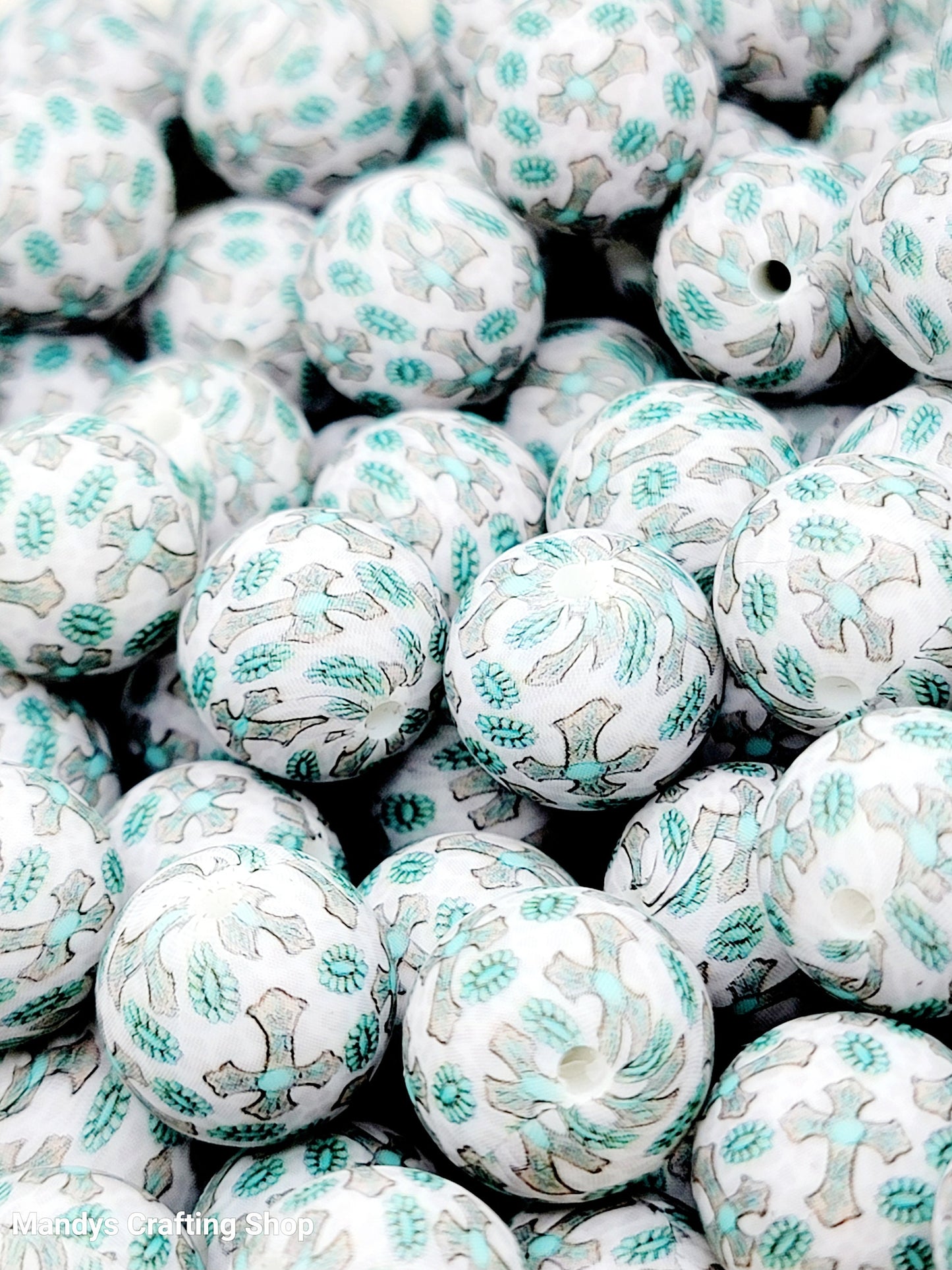 15mm Printed Turquoise Cross Print Silicone Bead – Western Round Beads for Pens & Wristlets