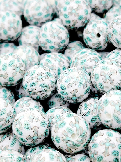 15mm Printed Turquoise Cross Print Silicone Bead – Western Round Beads for Pens & Wristlets