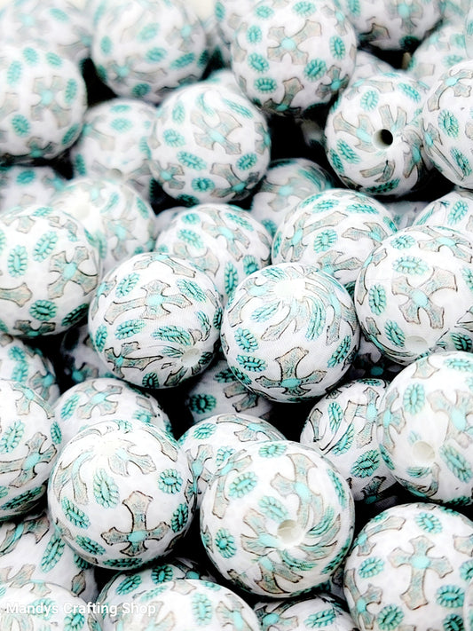 15mm Printed Turquoise Cross Print Silicone Bead – Western Round Beads for Pens & Wristlets