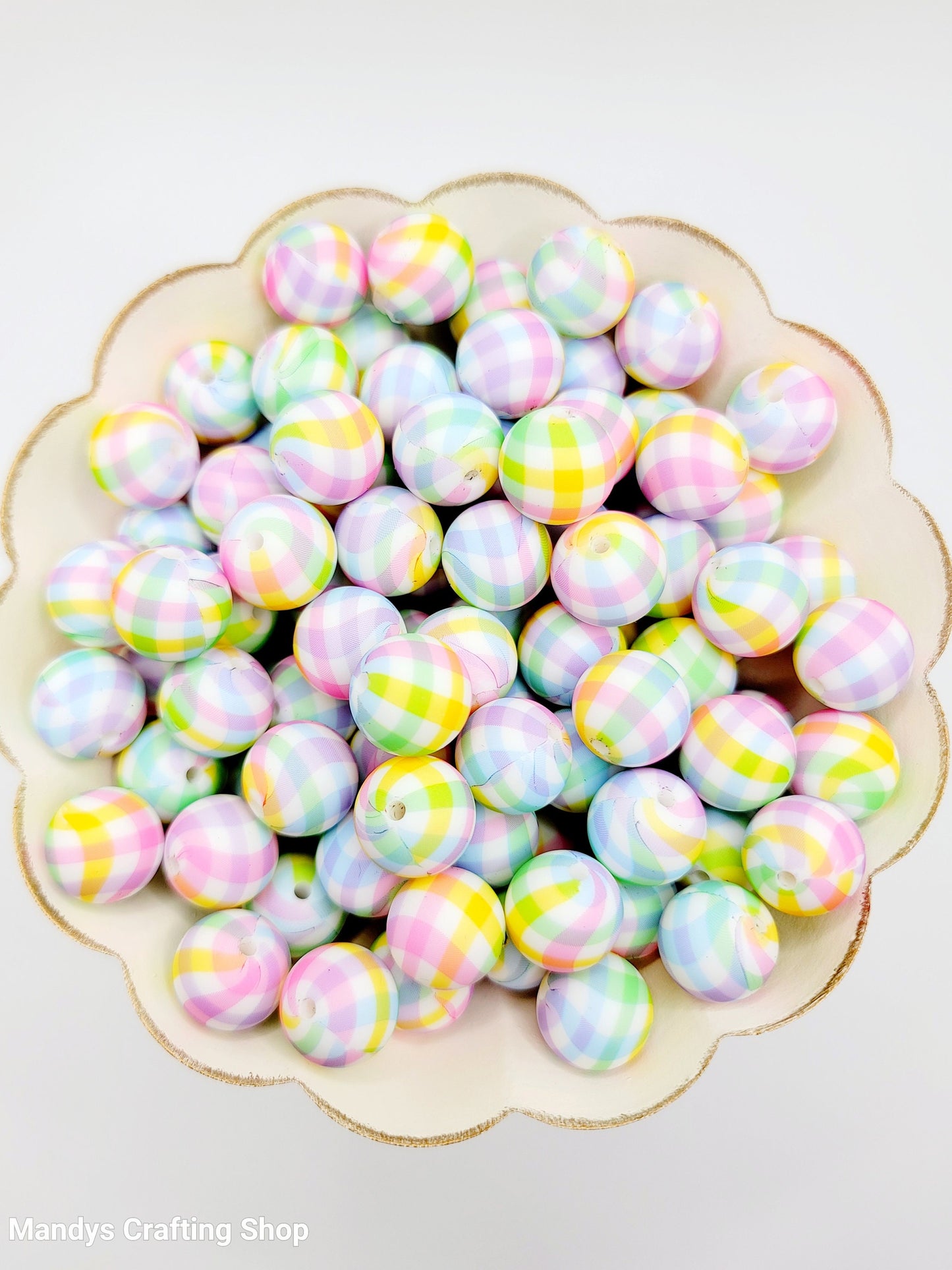 15mm Printed Pastel Picnic Cloth Silicone Bead – Rainbow Checkered Round Beads for Pens & Wristlets