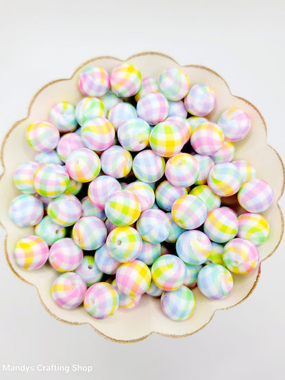15mm Printed Pastel Picnic Cloth Silicone Bead – Rainbow Checkered Round Beads for Pens & Wristlets