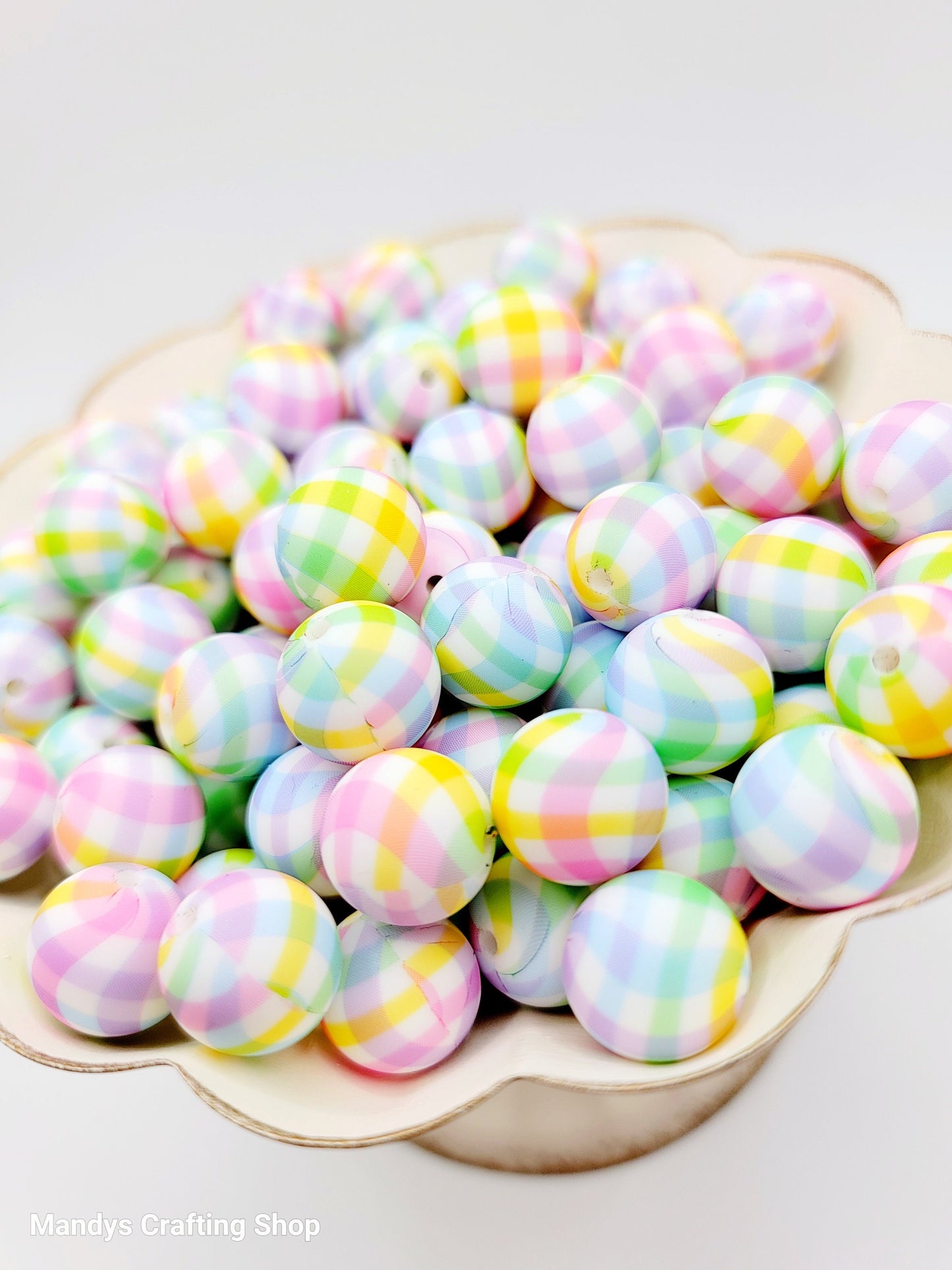 15mm Printed Pastel Picnic Cloth Silicone Bead – Rainbow Checkered Round Beads for Pens & Wristlets