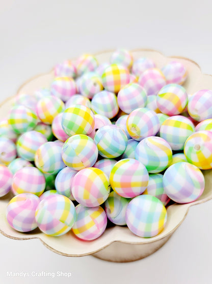 15mm Printed Pastel Picnic Cloth Silicone Bead – Rainbow Checkered Round Beads for Pens & Wristlets
