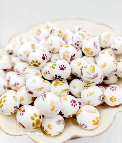 15mm Printed Fall For You Paw Print Silicone Bead – Pet Paw Beads for Pens & Wristlets