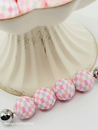 15mm Printed Pastel Diamond Print Silicone Bead – Round Checkered Beads for Pens & Wristlets