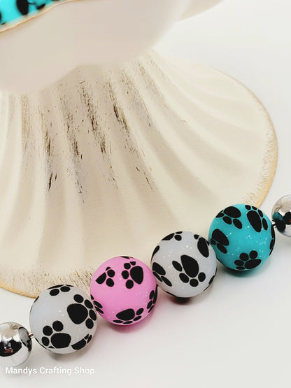 15mm Printed Turquoise Glitter Paw Print Silicone Bead – Round Sparkle Pet Beads for Pens & Wristlets