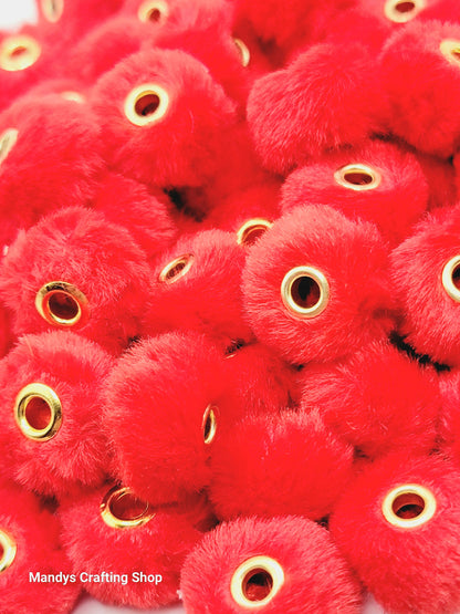 Red Faux Fur Pom Pom Beads – Fuzzy Spacer Beads for Pens, Keychains & DIY Crafts (Set of 10)