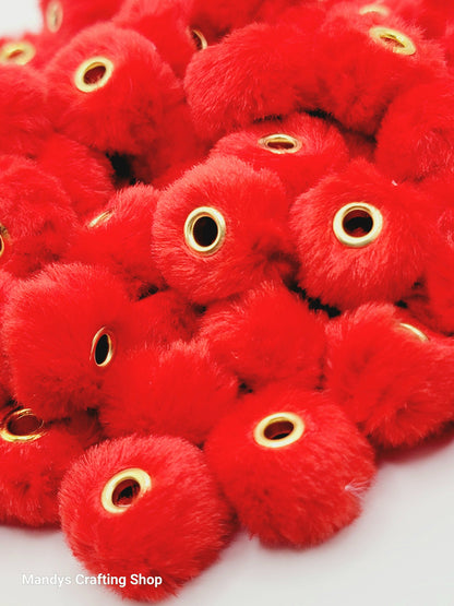 Red Faux Fur Pom Pom Beads – Fuzzy Spacer Beads for Pens, Keychains & DIY Crafts (Set of 10)