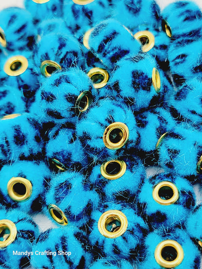 Blue Leopard Print Plush Beads – Fuzzy Pom Pom Spacer Beads for DIY Crafts (Set of 5)