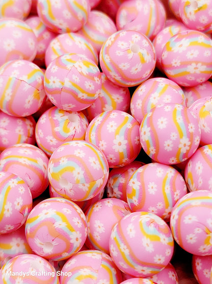 15mm Printed Happy Daisy Pink Floral Silicone Bead – Round Flower Beads for Pens & Wristlets