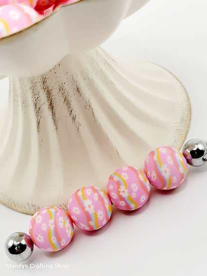 15mm Printed Happy Daisy Pink Floral Silicone Bead – Round Flower Beads for Pens & Wristlets