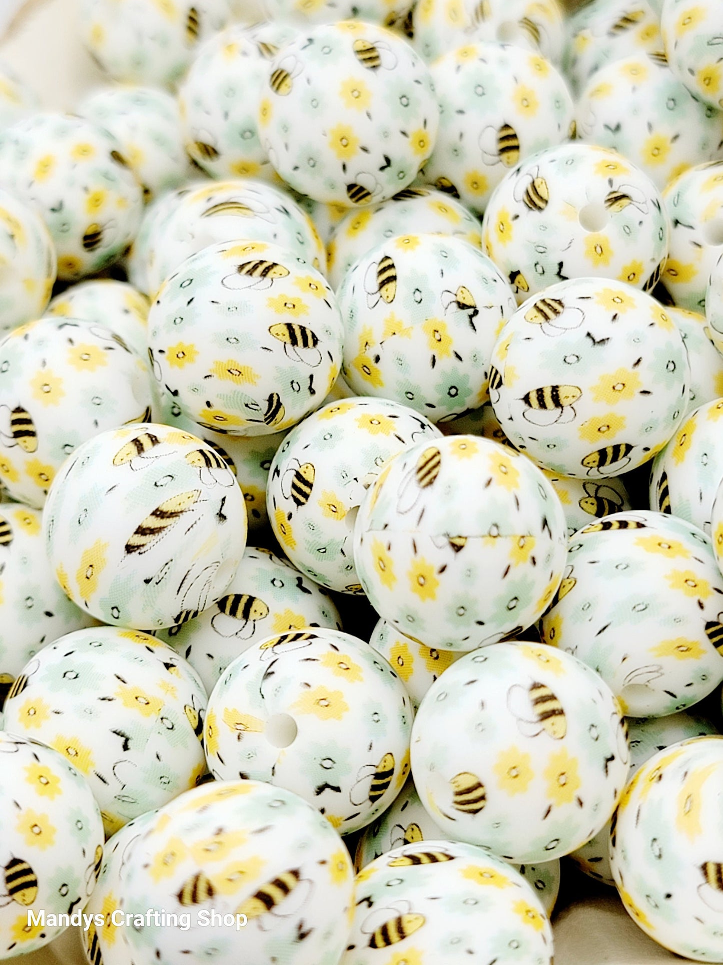 15mm Printed Bumble Bee Print Silicone Bead – Print Round Spacer Beads for Pens & Wristlets
