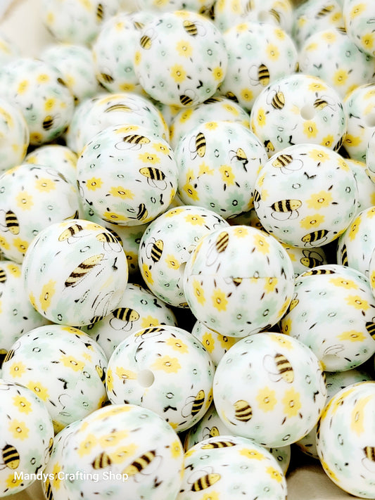 15mm Printed Bumble Bee Print Silicone Bead – Print Round Spacer Beads for Pens & Wristlets
