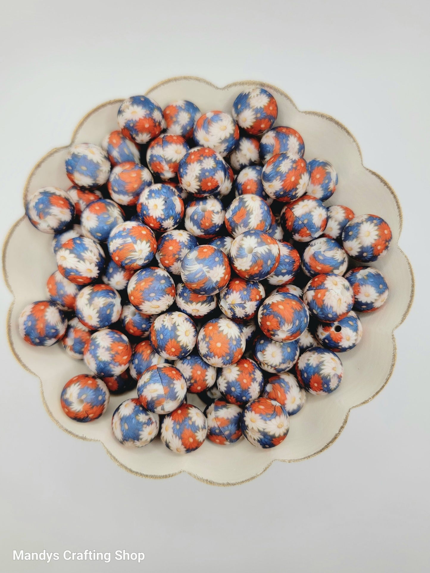 15mm Printed American Daisy Silicone Bead – Patriotic Floral Round Spacer Beads for Pens & Wristlets