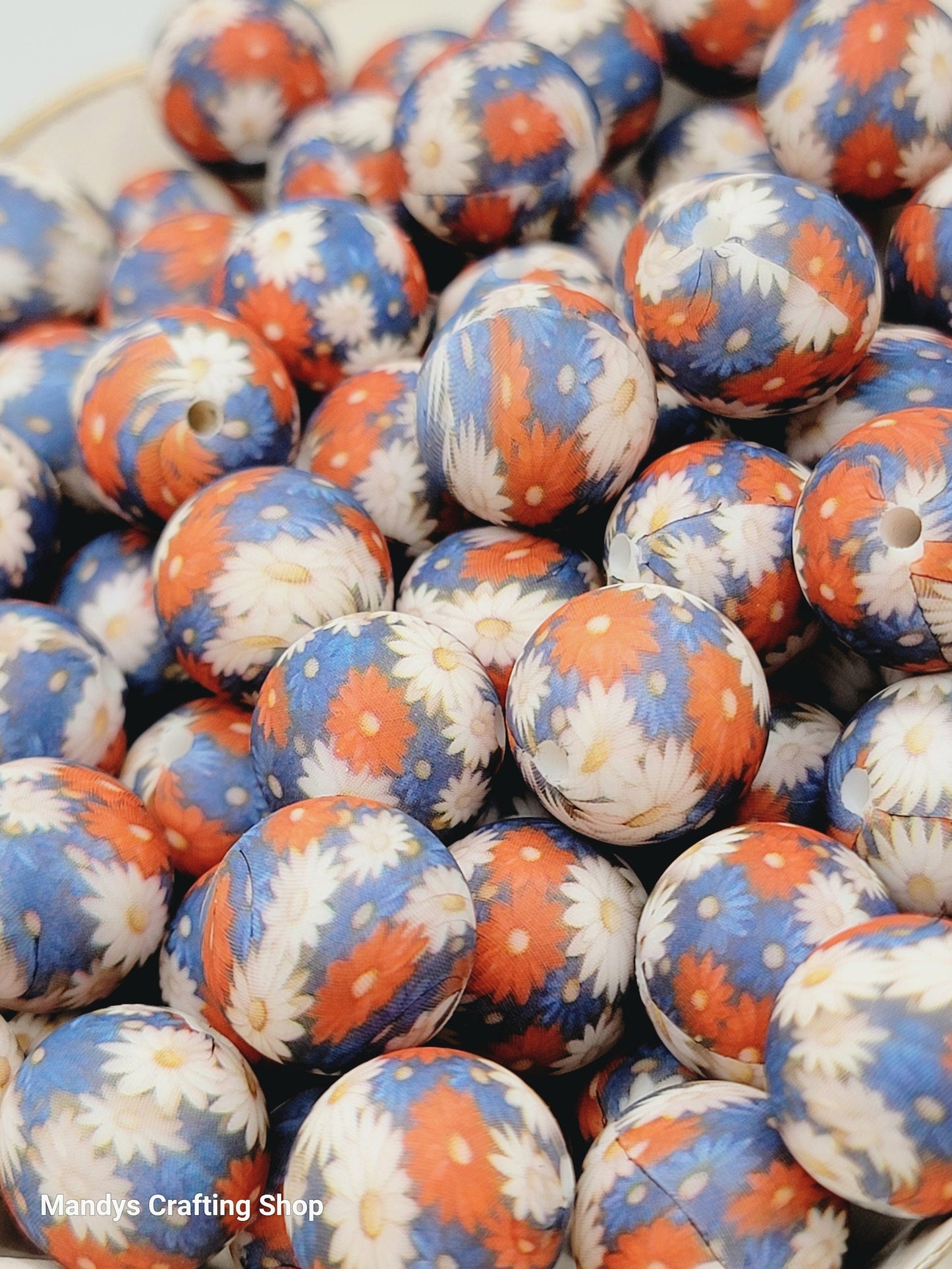 15mm Printed American Daisy Silicone Bead – Patriotic Floral Round Spacer Beads for Pens & Wristlets