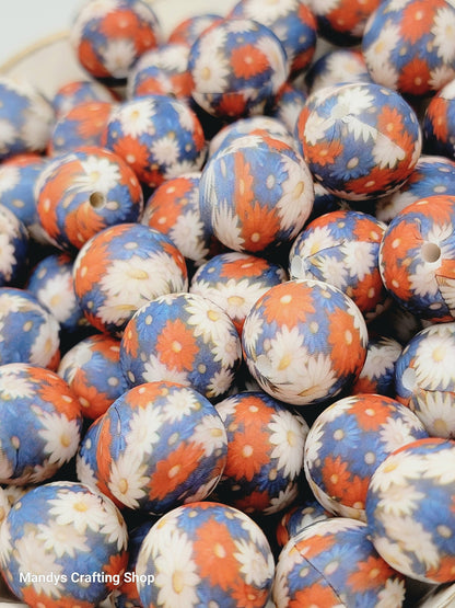 15mm Printed American Daisy Silicone Bead – Patriotic Floral Round Spacer Beads for Pens & Wristlets