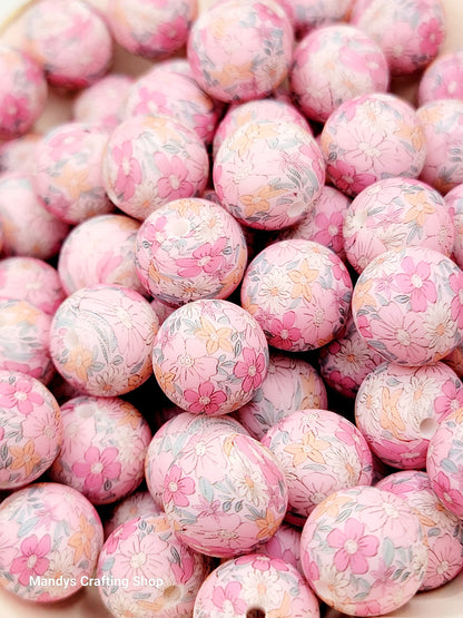15mm Printed Pink Garden Print Silicone Bead – 15mm Round Floral Beads for Pens & Wristlets
