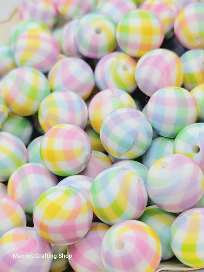 15mm Printed Pastel Picnic Cloth Silicone Bead – Rainbow Checkered Round Beads for Pens & Wristlets