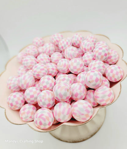 15mm Printed Pastel Diamond Print Silicone Bead – Round Checkered Beads for Pens & Wristlets
