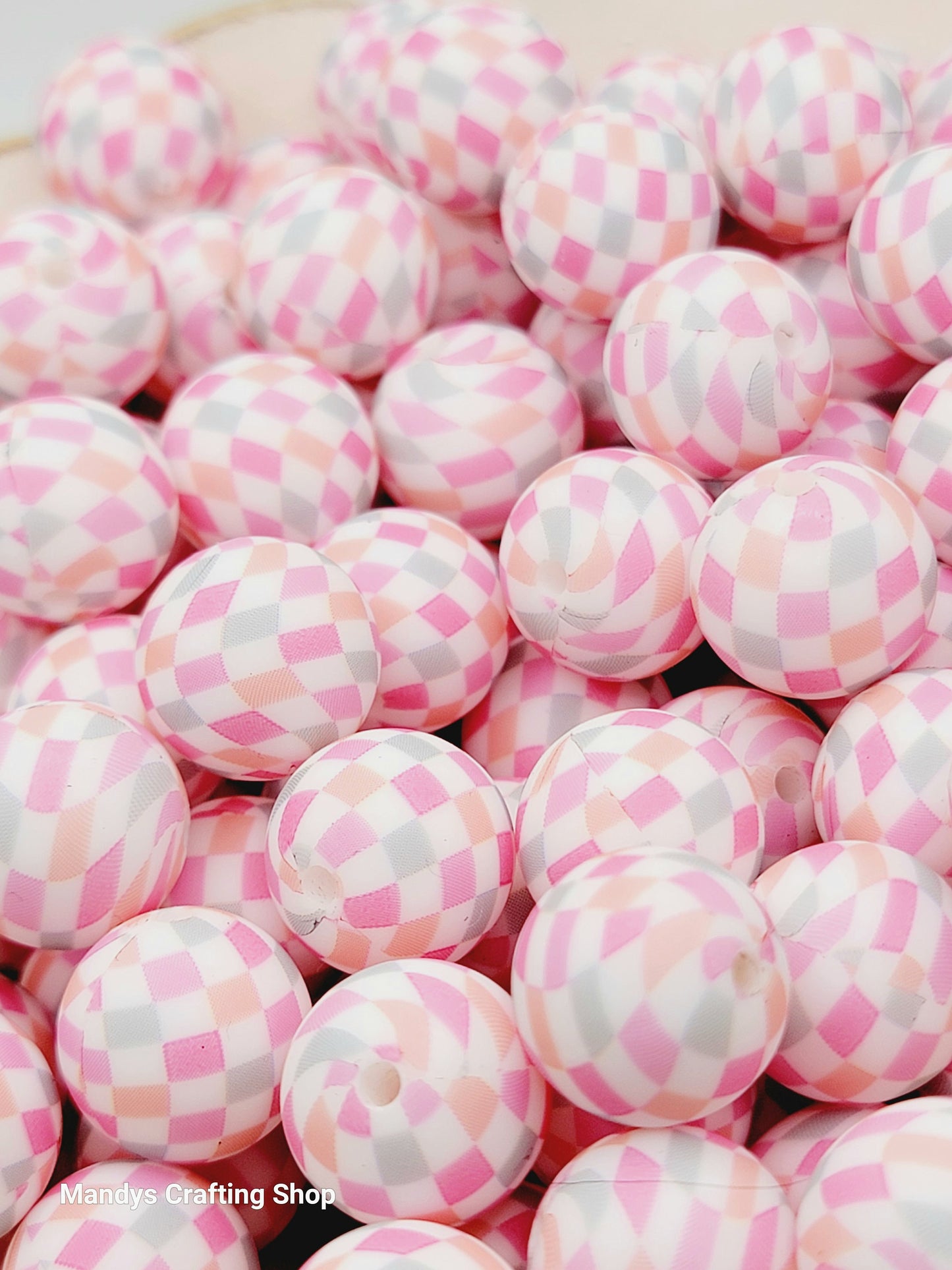 15mm Printed Pastel Diamond Print Silicone Bead – Round Checkered Beads for Pens & Wristlets