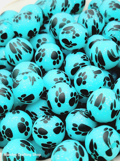 15mm Printed Turquoise Glitter Paw Print Silicone Bead – Round Sparkle Pet Beads for Pens & Wristlets