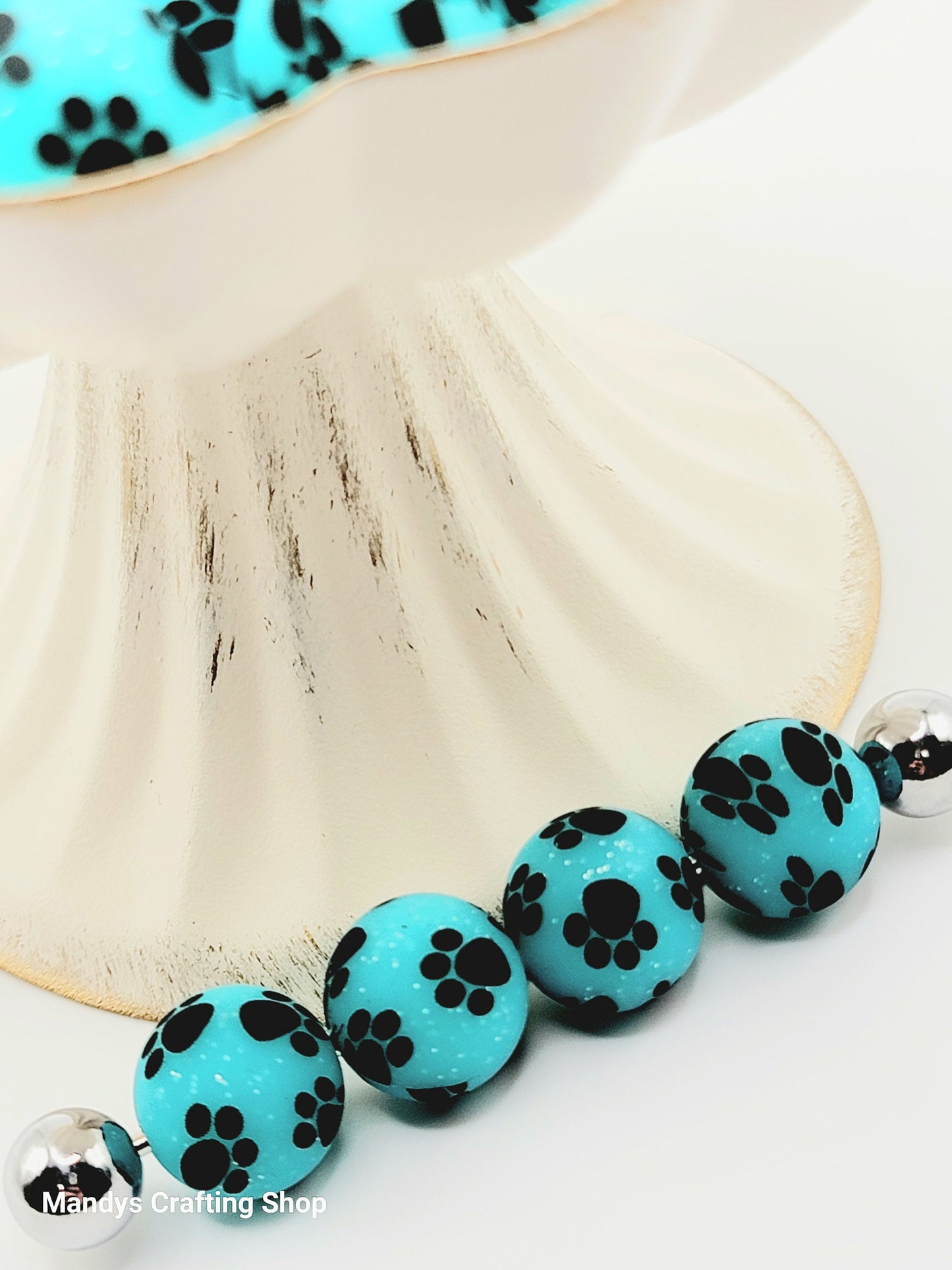15mm Printed Turquoise Glitter Paw Print Silicone Bead – Round Sparkle Pet Beads for Pens & Wristlets