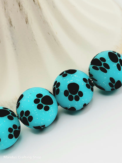 15mm Printed Turquoise Glitter Paw Print Silicone Bead – Round Sparkle Pet Beads for Pens & Wristlets