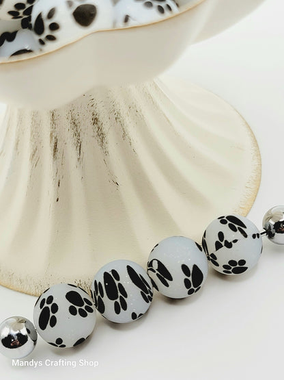 15mm Printed Clear Gray Glitter Paw Print Silicone Bead – Round Sparkle Pet Beads for Pens & Wristlets