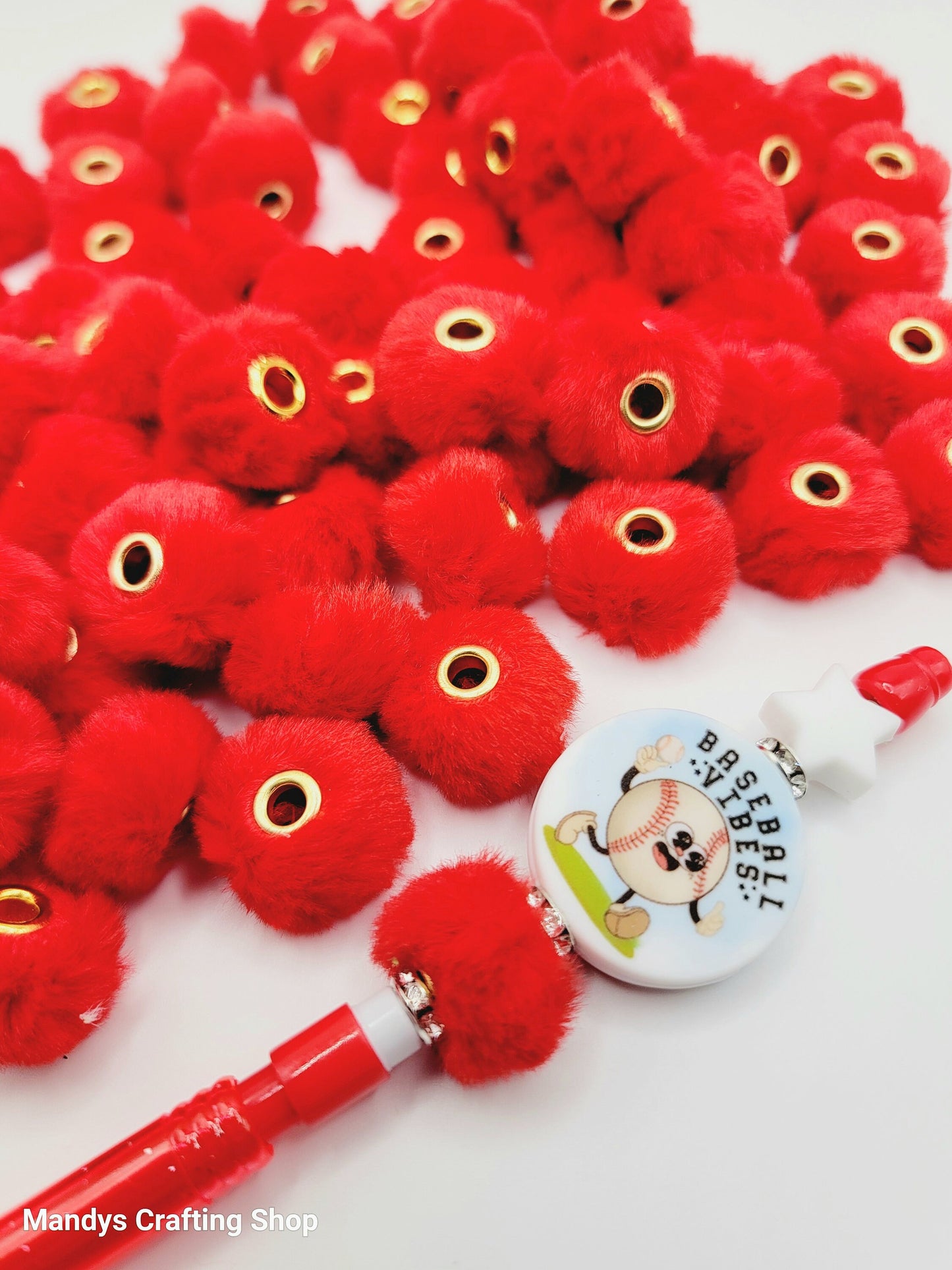 Red Faux Fur Pom Pom Beads – Fuzzy Spacer Beads for Pens, Keychains & DIY Crafts (Set of 10)