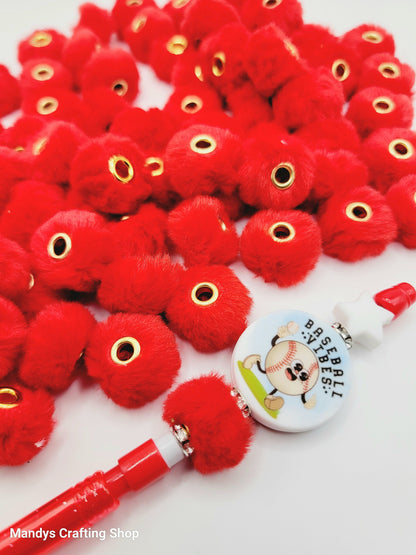 Red Faux Fur Pom Pom Beads – Fuzzy Spacer Beads for Pens, Keychains & DIY Crafts (Set of 10)