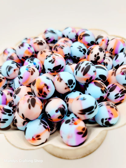 15mm Printed Blue, Orange, Purple & White Paw Print Silicone Beads – Round Swirl Paw Print Beads for Pens & Wristlets