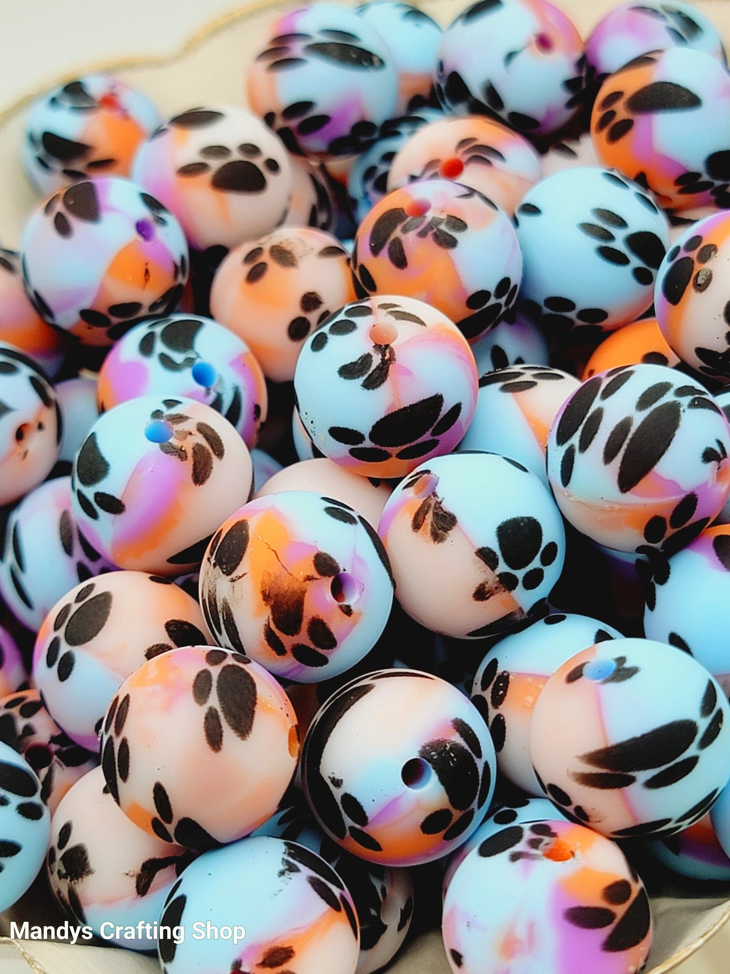 15mm Printed Blue, Orange, Purple & White Paw Print Silicone Beads – Round Swirl Paw Print Beads for Pens & Wristlets