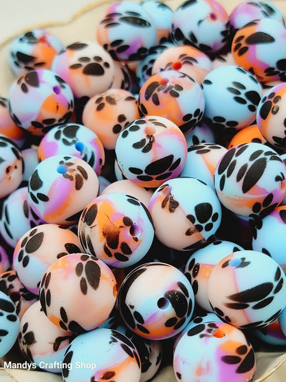15mm Printed Blue, Orange, Purple & White Paw Print Silicone Beads – Round Swirl Paw Print Beads for Pens & Wristlets