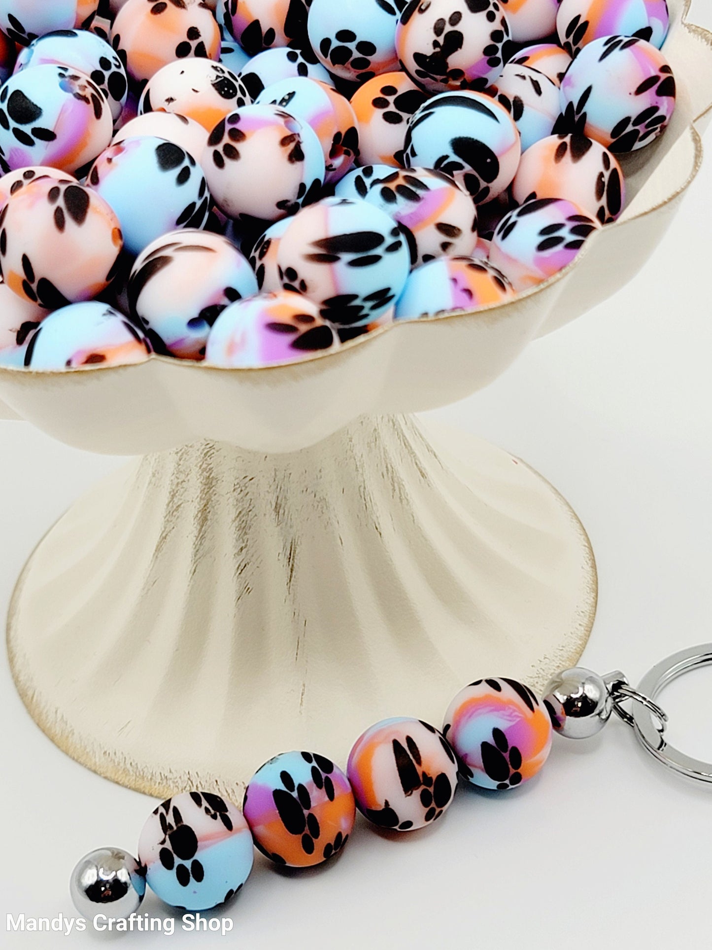 15mm Printed Blue, Orange, Purple & White Paw Print Silicone Beads – Round Swirl Paw Print Beads for Pens & Wristlets
