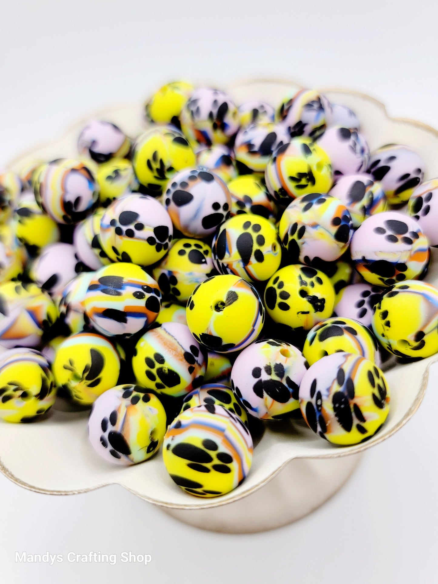 15mm Printed Swirl Paw Print Silicone Beads – Lilac, Yellow, Blue & Orange Swirl Round Beads for Pens & Wristlets