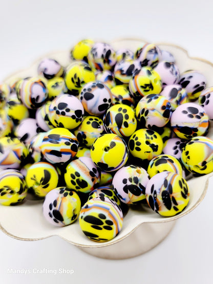 15mm Printed Swirl Paw Print Silicone Beads – Lilac, Yellow, Blue & Orange Swirl Round Beads for Pens & Wristlets