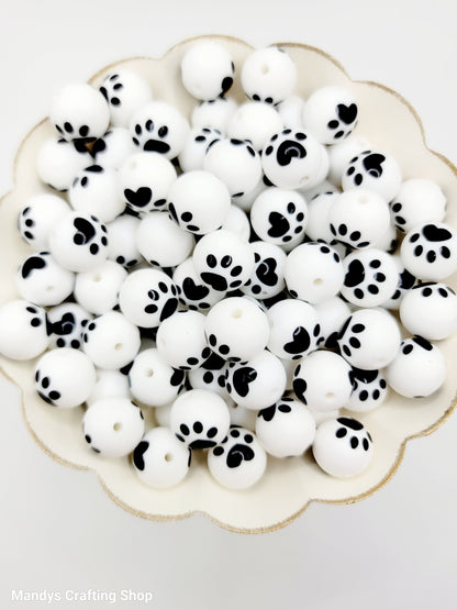 15mm White Bead with Black Paw Print Round Silicone Beads - Paw Print Beads for Pens and Wristlets