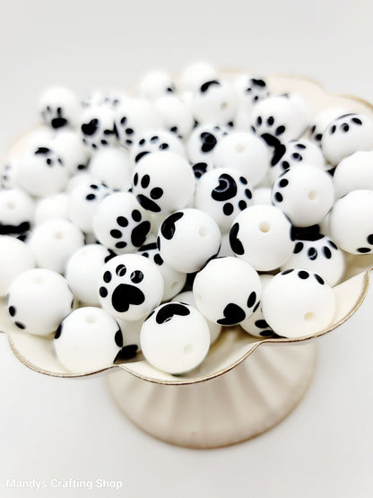 15mm White Bead with Black Paw Print Round Silicone Beads - Paw Print Beads for Pens and Wristlets