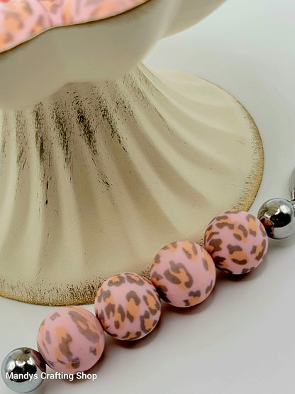 15mm Printed Pink & Gray Leopard Print Silicone Bead – Round Animal Beads for Pens & Wristlets