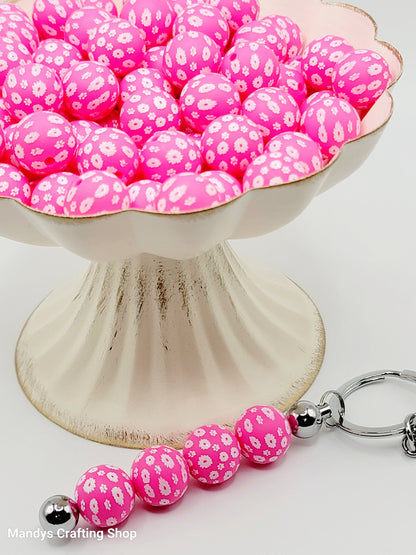 15mm Printed Bright Pink Daisy Floral Silicone Bead – Round Flower Beads for Pens & Wristlets