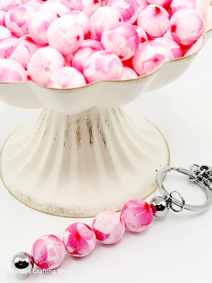 15mm Printed Pink Sakura Flower Print Silicone Bead – Pink Floral Round Beads for Pens & Wristlets