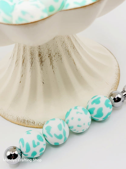 15mm Printed Turquoise Cow Print Silicone Bead –  Round Cow Print Beads for Pens & Wristlets