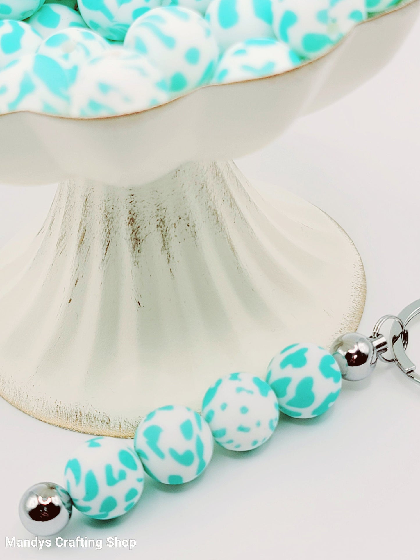 15mm Printed Turquoise Cow Print Silicone Bead –  Round Cow Print Beads for Pens & Wristlets