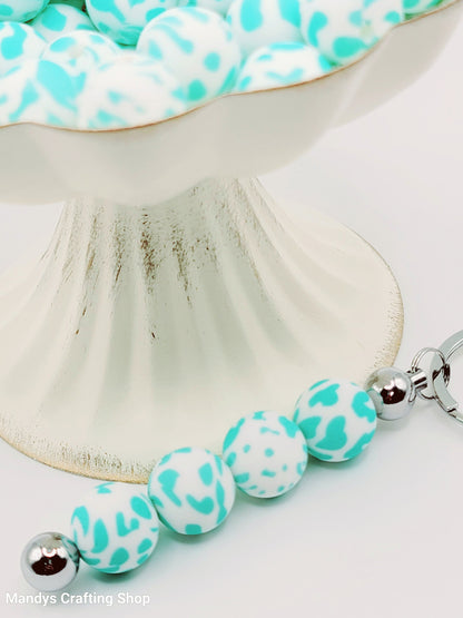 15mm Printed Turquoise Cow Print Silicone Bead –  Round Cow Print Beads for Pens & Wristlets
