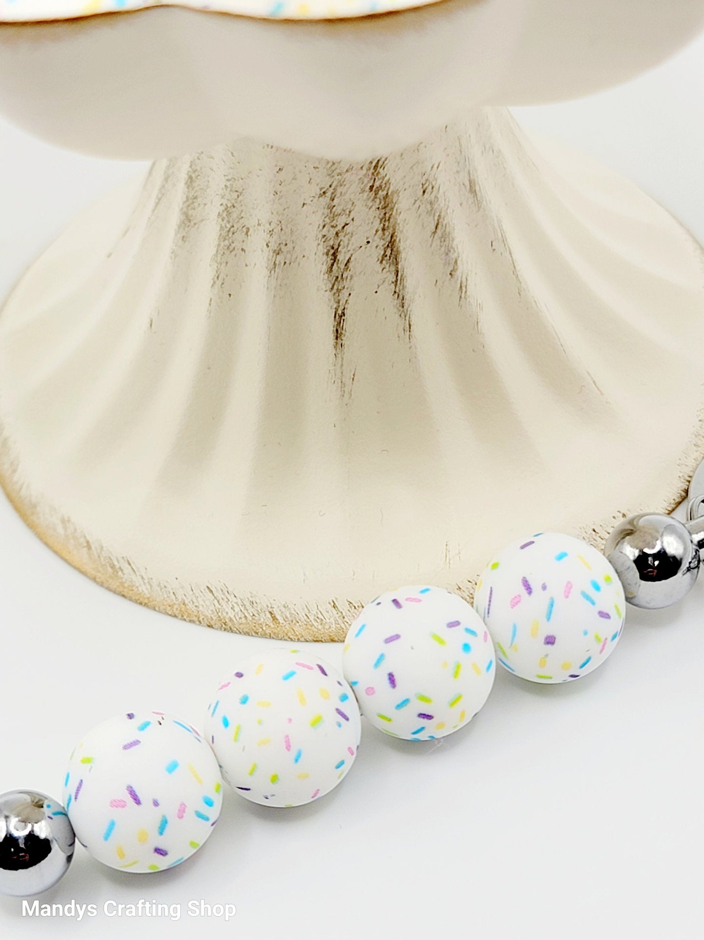 15mm Printed Rainbow Sprinkle Print Silicone Beads – White Round Beads for Pens & Wristlets