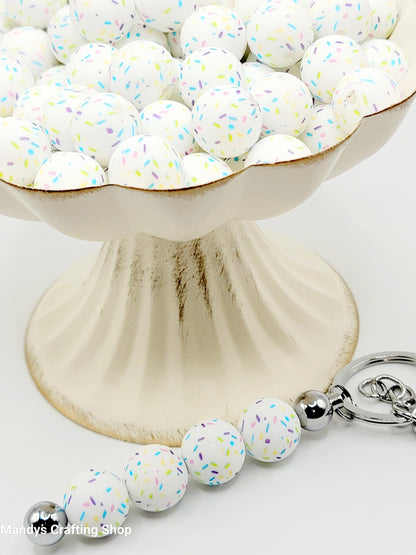 15mm Printed Rainbow Sprinkle Print Silicone Beads – White Round Beads for Pens & Wristlets