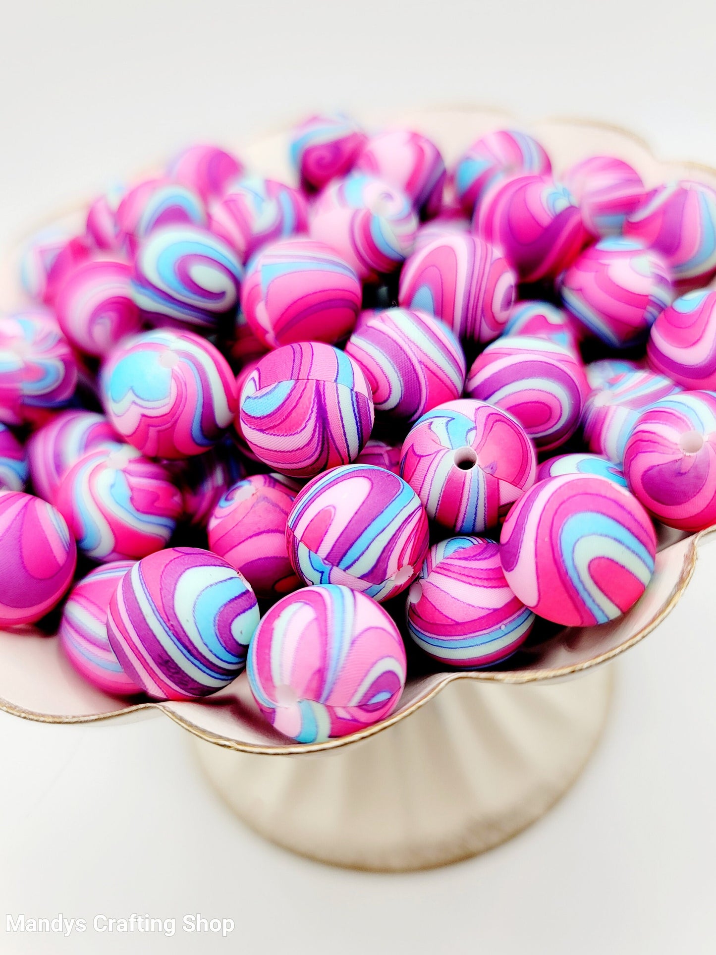 15mm Printed Pink & Purple Groovy Swirl Silicone Bead – Retro Round Beads for Pens & Wristlets