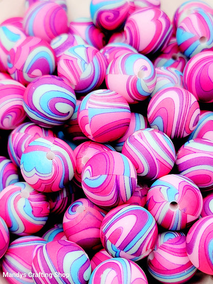 15mm Printed Pink & Purple Groovy Swirl Silicone Bead – Retro Round Beads for Pens & Wristlets