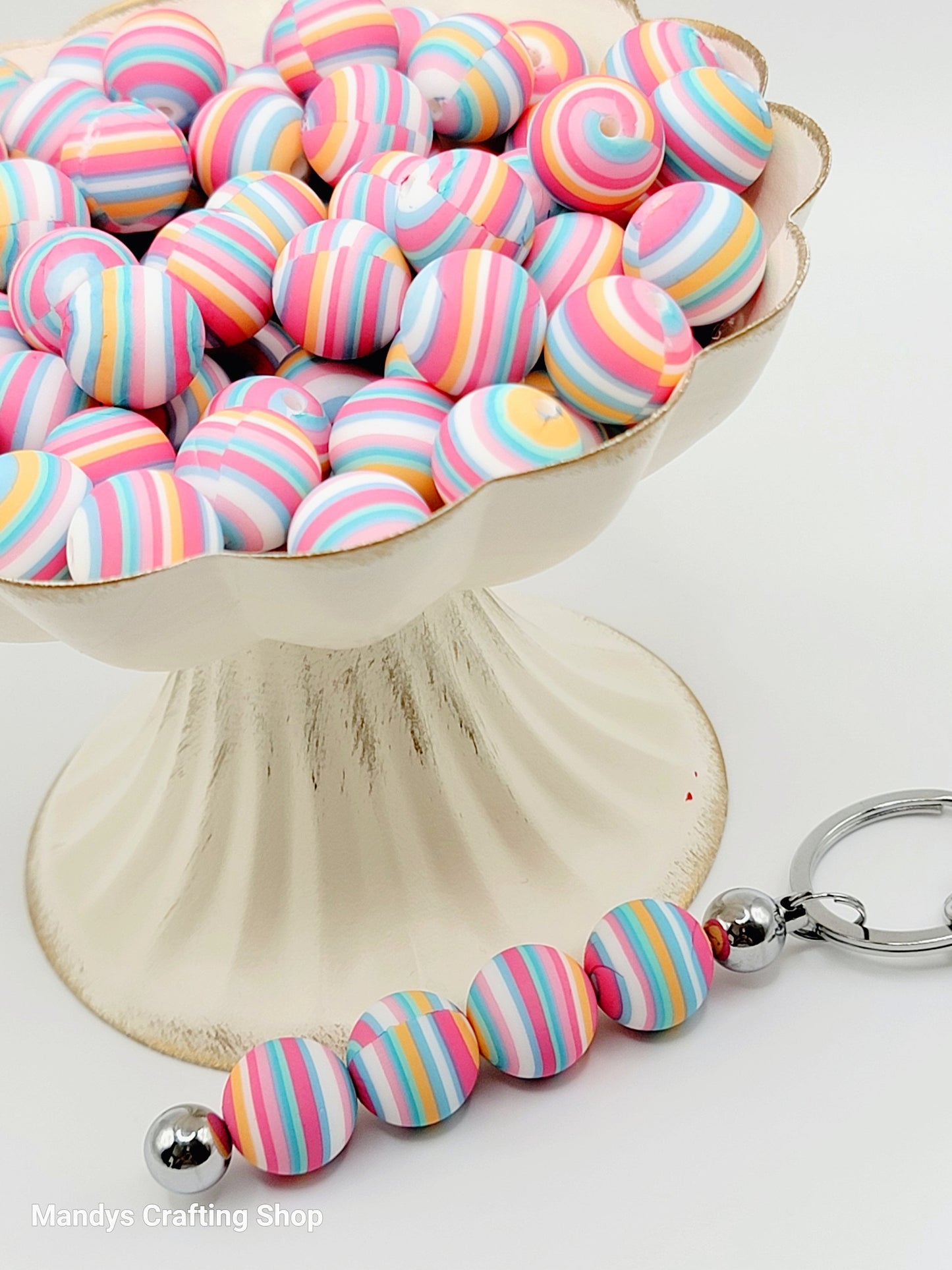 15mm Printed Rainbow Sherbert Stripe Silicone Bead – Round Colorful Beads for Pens & Wristlets